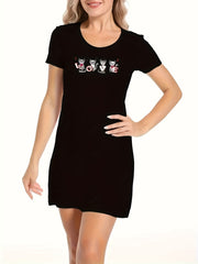 Cartoon Cat Print NightDress Short Sleeve Pajama Dress Women's Sleepwear