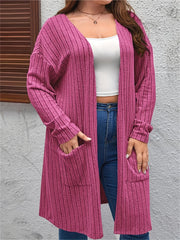 Open Front Ribbed Knit Cardigan with Pockets