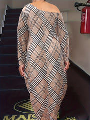 Plaid Print One Shoulder Long Sleeve Baggy Dress With Pockets