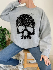 Halloween Skull Print Sweatshirt Long Sleeve Crew Neck Women's Clothing