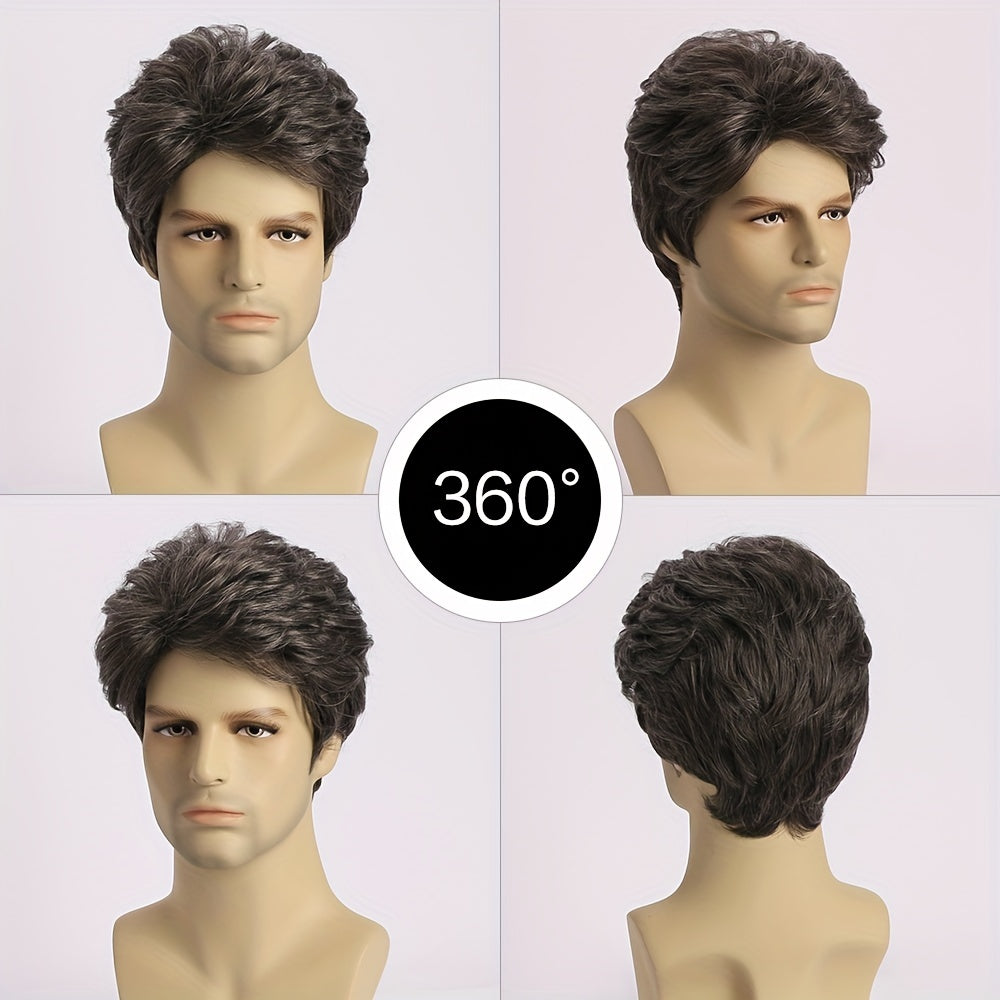 Men's Gray Short Curly Wig Natural Oblique Bangs