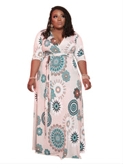 All Over Print V Neck Long Sleeve Wrap Maxi Dress Women's Plus Medium