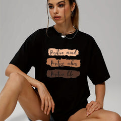 Positive Mind Letter Print T-shirt Loose Crew Neck Sports Tee