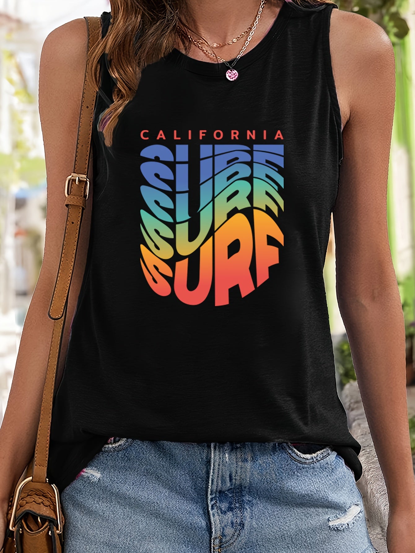 Colorful Letter Pattern Stretchy Sports Vest Round Neck Sleeveless Casual Top