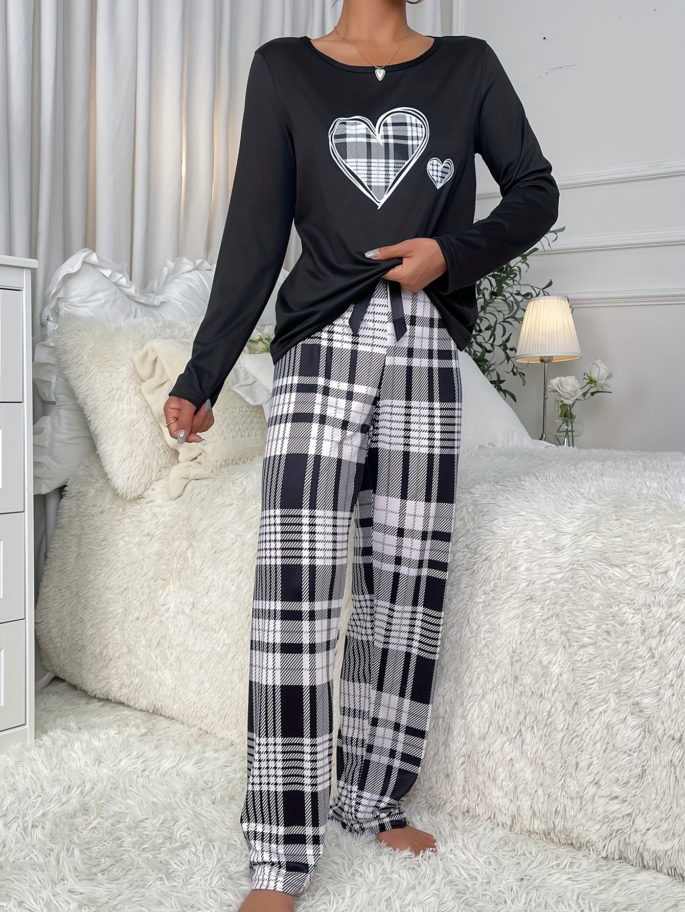 Heart Print Pajama Set Long Sleeve Crew Neck Top & Plaid Pants