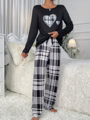 Heart Print Pajama Set Long Sleeve Crew Neck Top & Plaid Pants