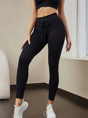 Ribbed Drawstring Running Leggings High Waist Yoga Pants