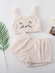 Cat Print Plush Pajama Set Tank Top & Shorts Women's Sleepwear