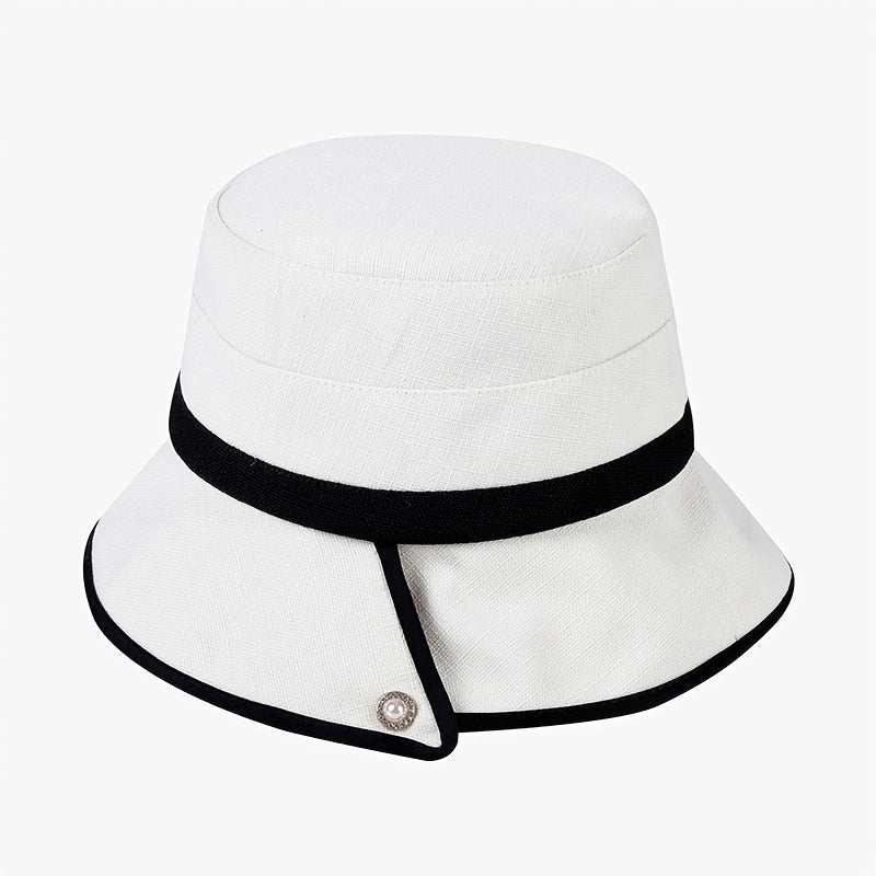 French Style Pearl Decor Edge Bucket Hat Sunscreen Beach Fisherman Cap