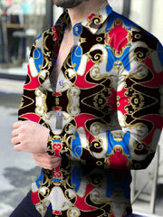 Baroque Style Print Men's Casual Button Up Long Sleeve Shirt