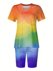 V Neck Short Sleeve Tee & Workout Slim Shorts Set Women's Clothing