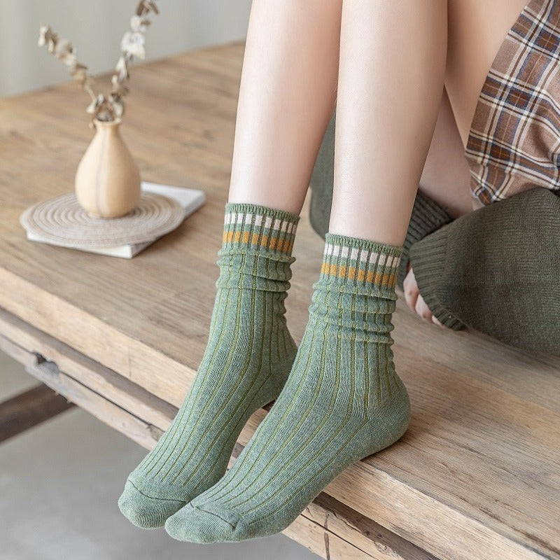 5Pairs Womens Crew Socks Striped 10 Colors Casual Medium Size