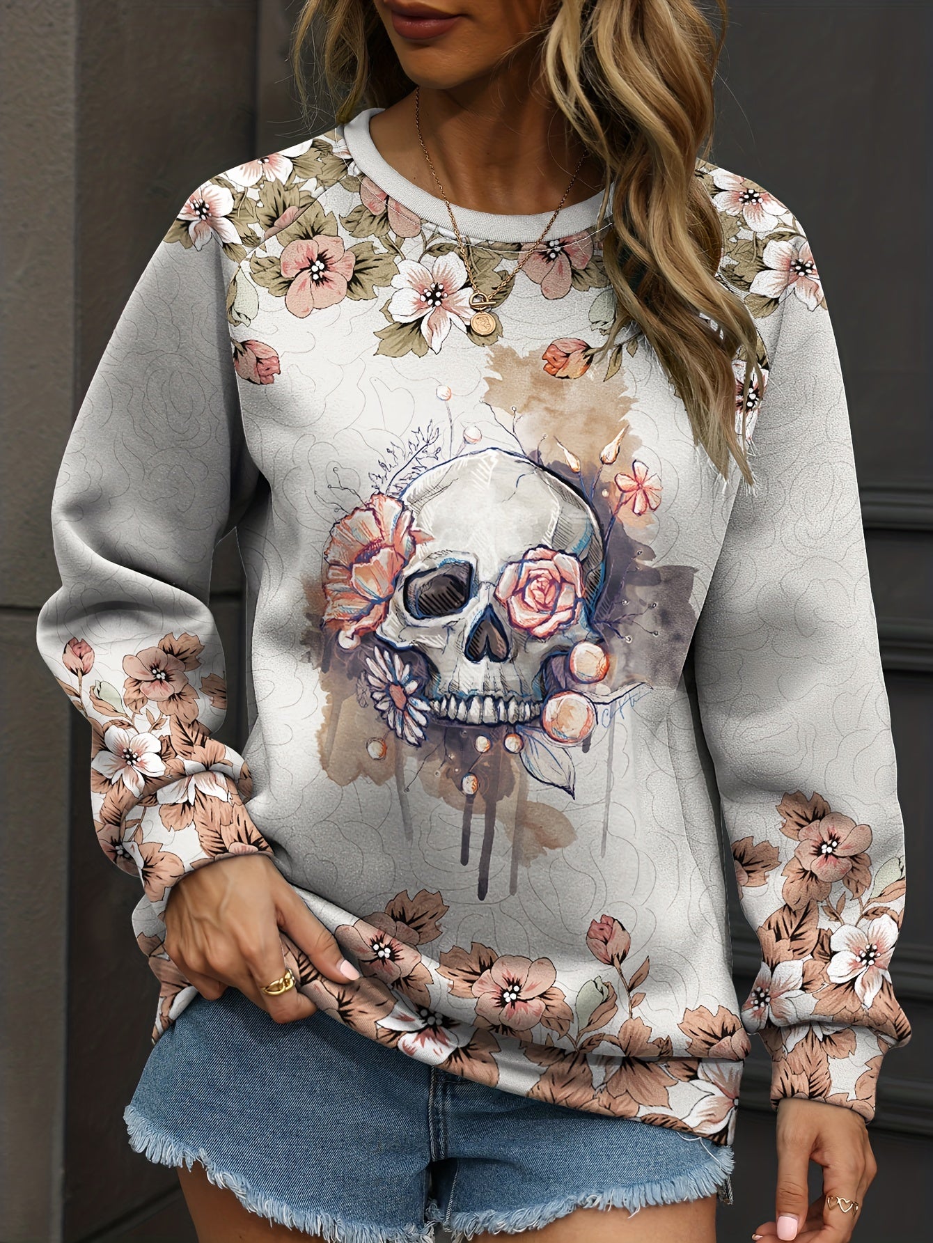 Skull & Floral Print Sweatshirt Crew Neck Women's Clothing