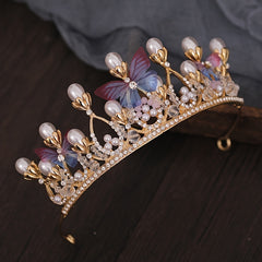 Baroque Faux Pearl Rhinestone Crown Tiara Butterfly Hairband
