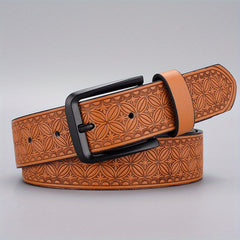 Men's Retro Flowers Pattern Buckle Belt Decorative PU Leather Belt