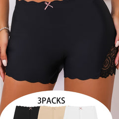 3pcs Lace Boyshort Panties Seamless Scallop Trim Bow Tie Women's Lingerie