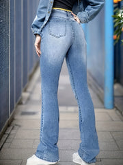 Ripped Flare Jeans Slash Pockets High Waist Denim Pants