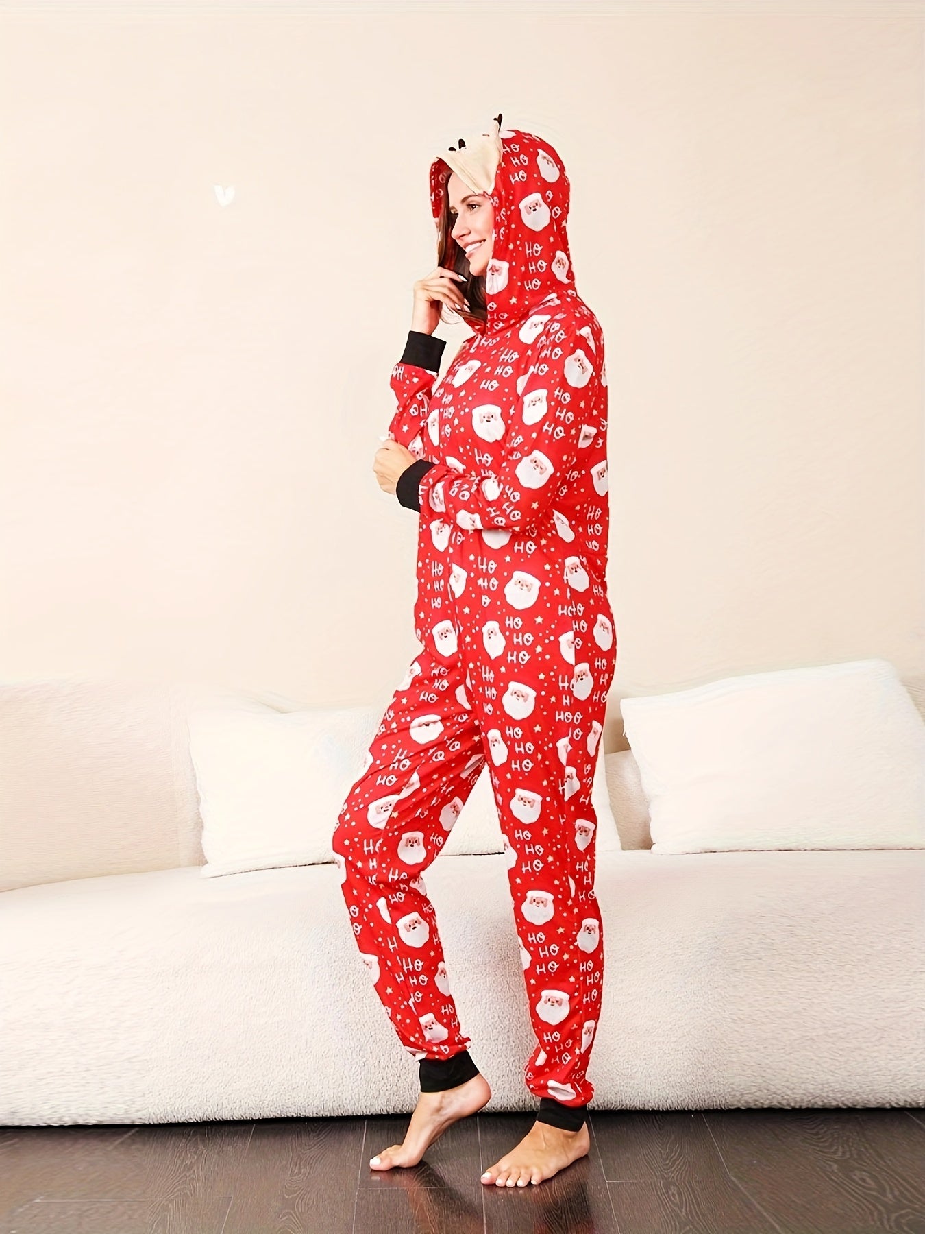 Christmas Cartoon Print Hooded Pajama Jumpsuit Women's Sleepwear