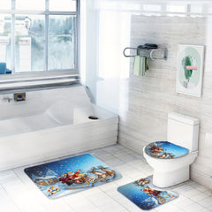 Christmas Shower Curtain Set Santa Reindeer Snowman Print Toilet Seat Cover