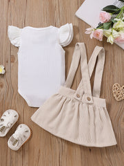 Baby Girl Causal Set Cotton Flying Sleeve Jumpsuit & Corduroy Suspender Skirt