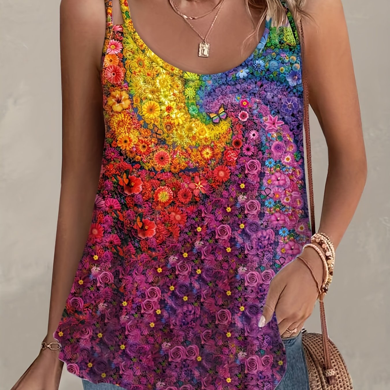 Floral Print Tank Top Split Strap Round Neck Medium Stretch