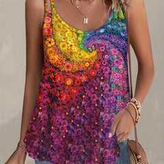 Floral Print Tank Top Split Strap Round Neck Medium Stretch