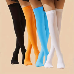 4 Pairs Solid Thigh High Stockings Over The Knee Socks
