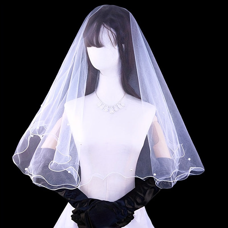 Beaded Mesh Bridal Veil 1 Tier Wedding Headwear