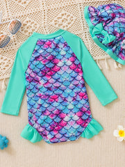 Girls Strawberry Print Swimsuit & Hat 2pcs Set