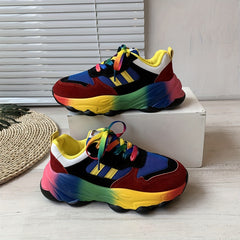 Women's Rainbow Chunky Sneakers Lace-Up Low Top Sports Shoes