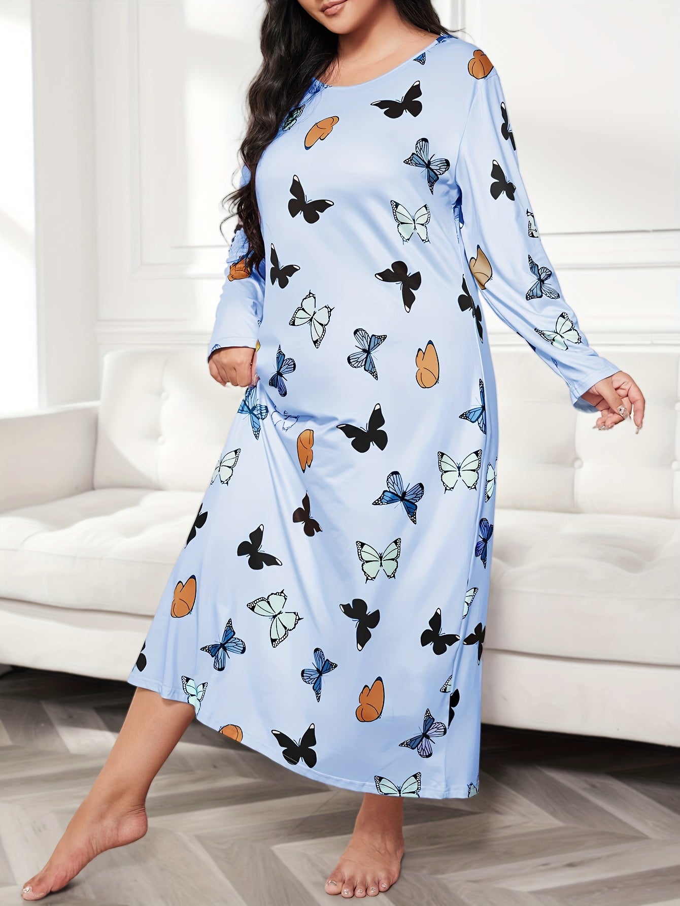 Casual Nightdress Women's Plus Butterfly Print Long Sleeve Tee