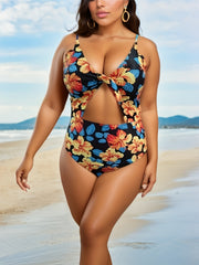 Retro Swimsuit Floral Print Cut Out Twist Front Tummy Control