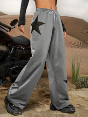 Star Print Tie Waist Wide Leg Loose Gym Sports Trousers