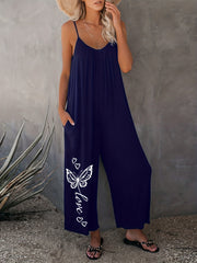 Casual Romper Women's Plus Solid Butterfly & Heart Print Cami Jumpsuit