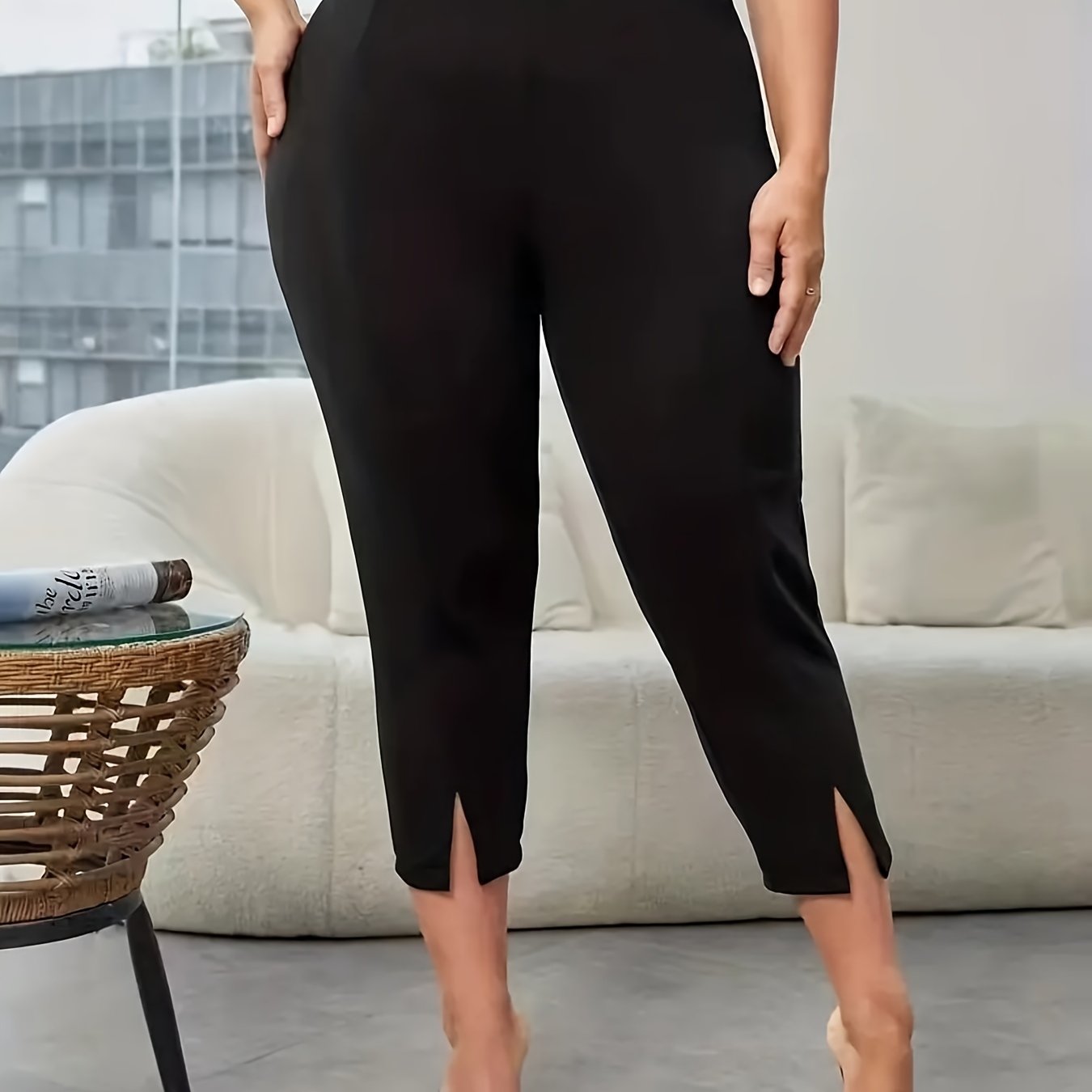Solid Cropped Pants Slim High Waist Casual