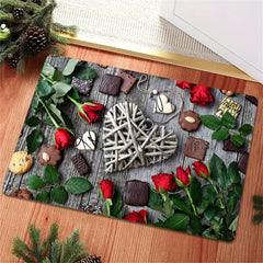 Heart Pattern Rug Red Rose Print Mat Washable Rectangular Carpet