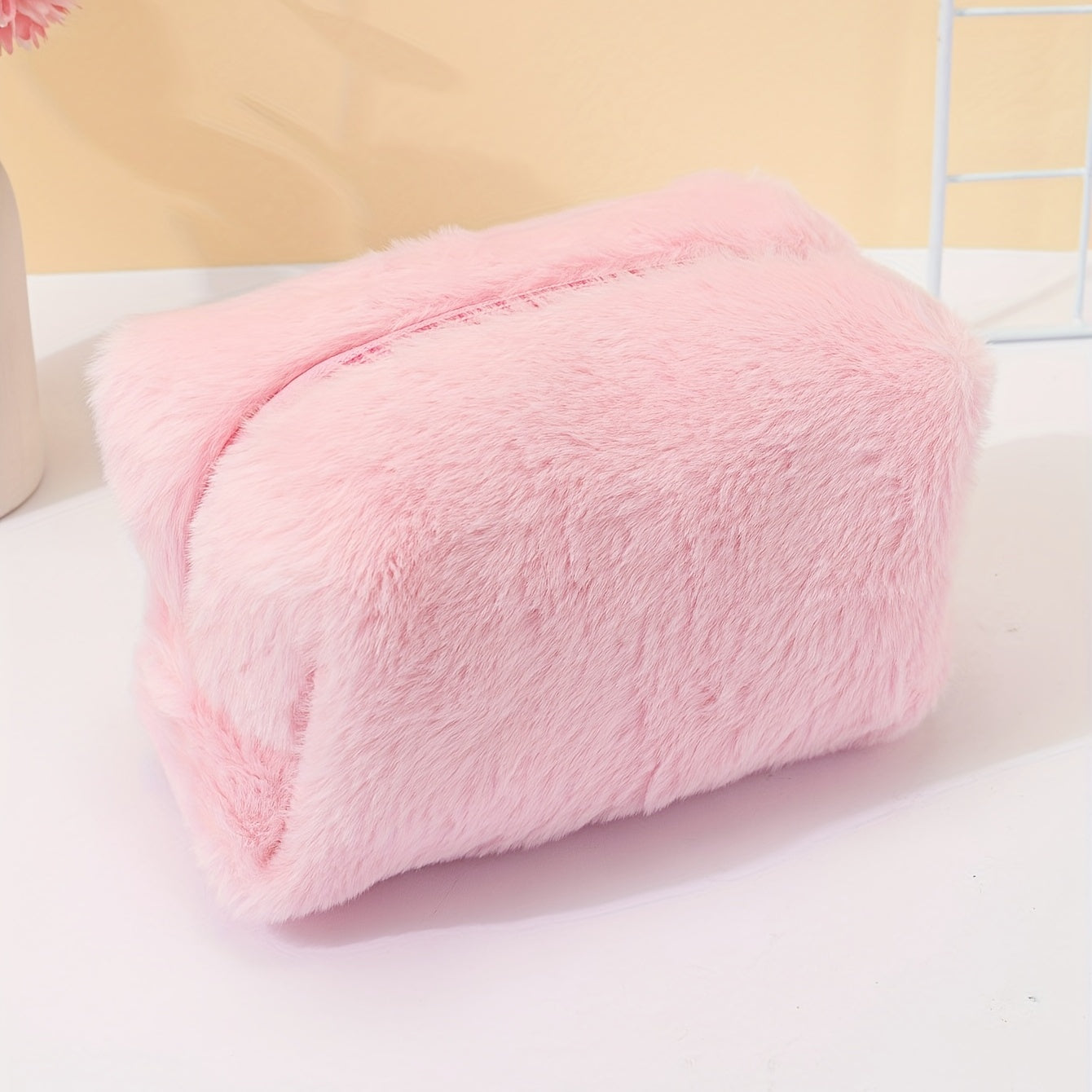 Pink Plush Cosmetic Bag Roomy Makeup Travel Portable Toiletry Organizer