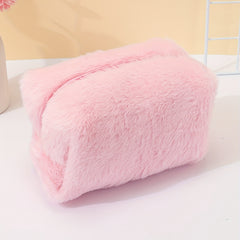 Pink Plush Cosmetic Bag Roomy Makeup Travel Portable Toiletry Organizer
