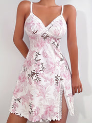 Floral Print Nightdress Lace Trim V Neck Spaghetti Strap Split Sleep Dress
