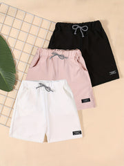 3pcs Boys Letter Print Shorts Elastic Waist Stretch Drawstring Summer Outdoor