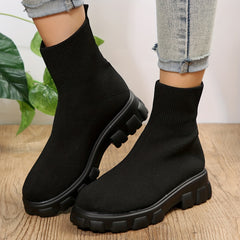 Solid Mid Calf Boots Round Toe Knitted Slip on Boots Women's Footwear
