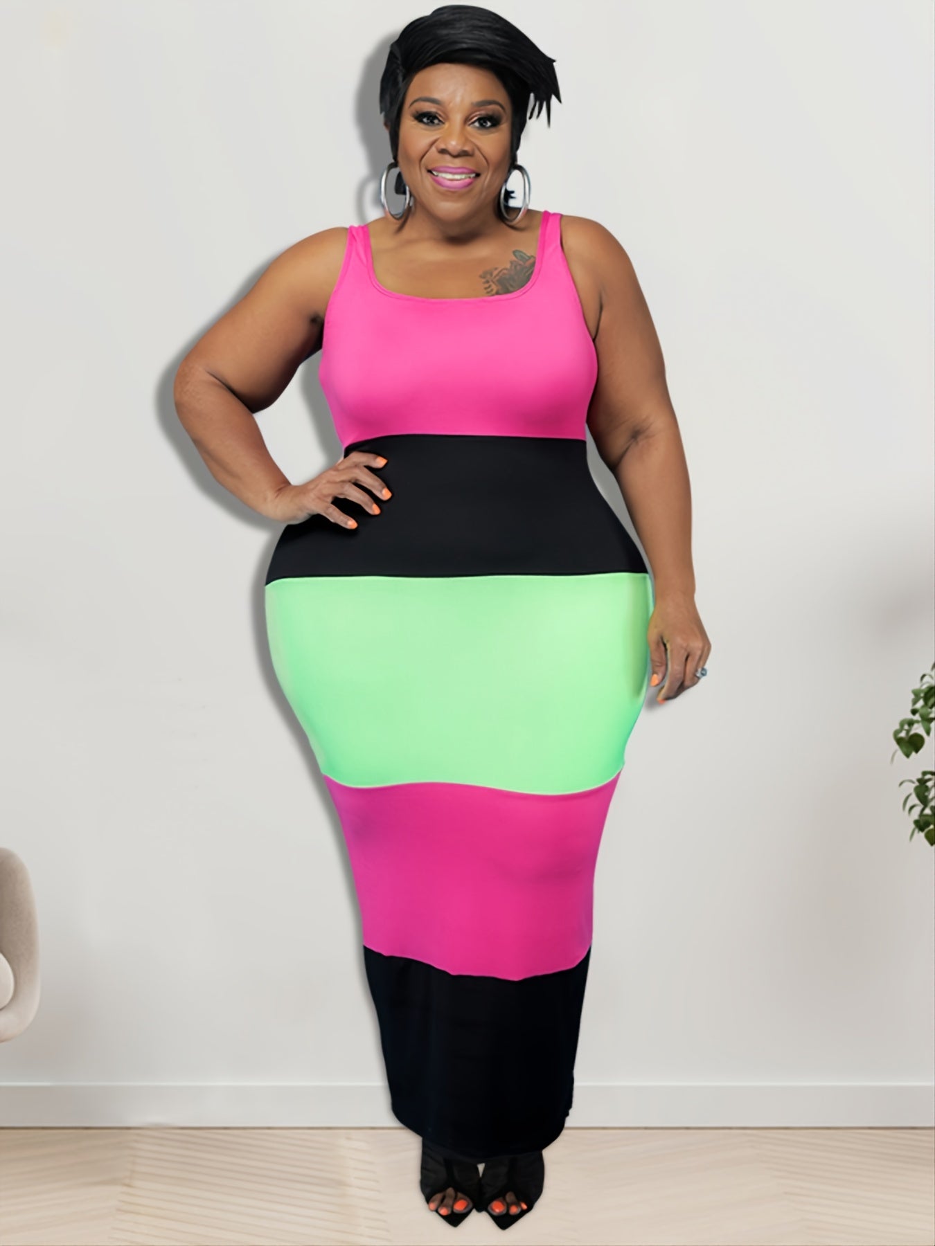 Colorblock Strip Tank Dress Women's Plus Casual Round Neck High Stretc