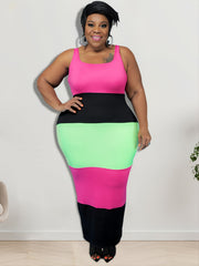Colorblock Strip Tank Dress Women's Plus Casual Round Neck High Stretc