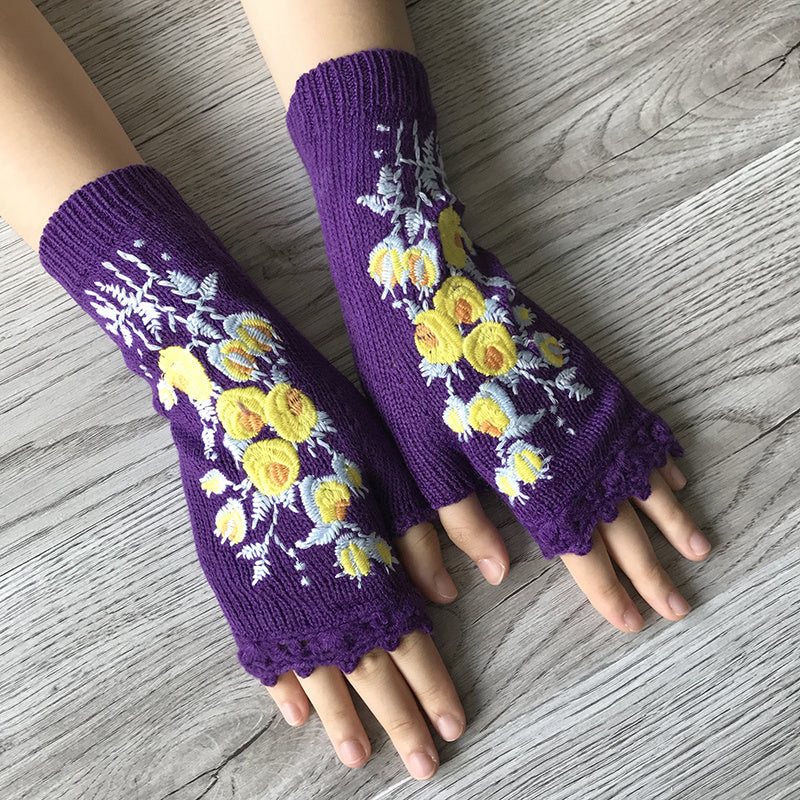 Hand Crochet Gloves Small Yellow Flower Embroidered Winter Warm Ladies Half