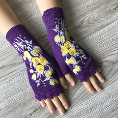 Hand Crochet Gloves Small Yellow Flower Embroidered Winter Warm Ladies Half
