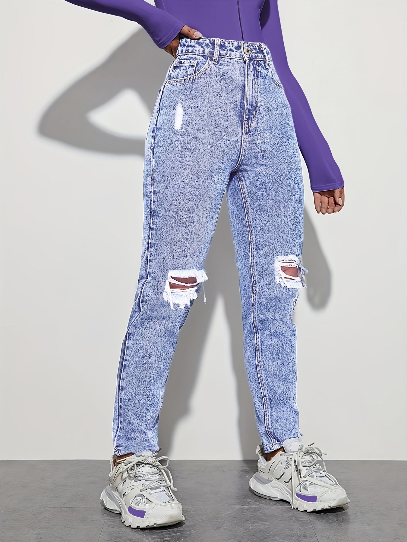 High Rise Straight Jeans Loose Fit Slash Pockets Denim Pants