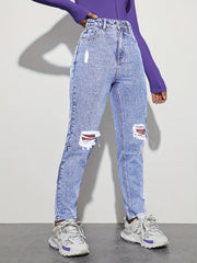 High Rise Straight Jeans Loose Fit Slash Pockets Denim Pants