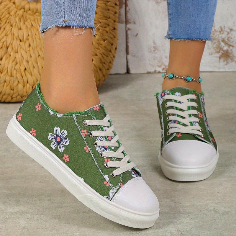 Floral Print Canvas Lace Up Low Top Sneakers Women's Casual Flat Shoes