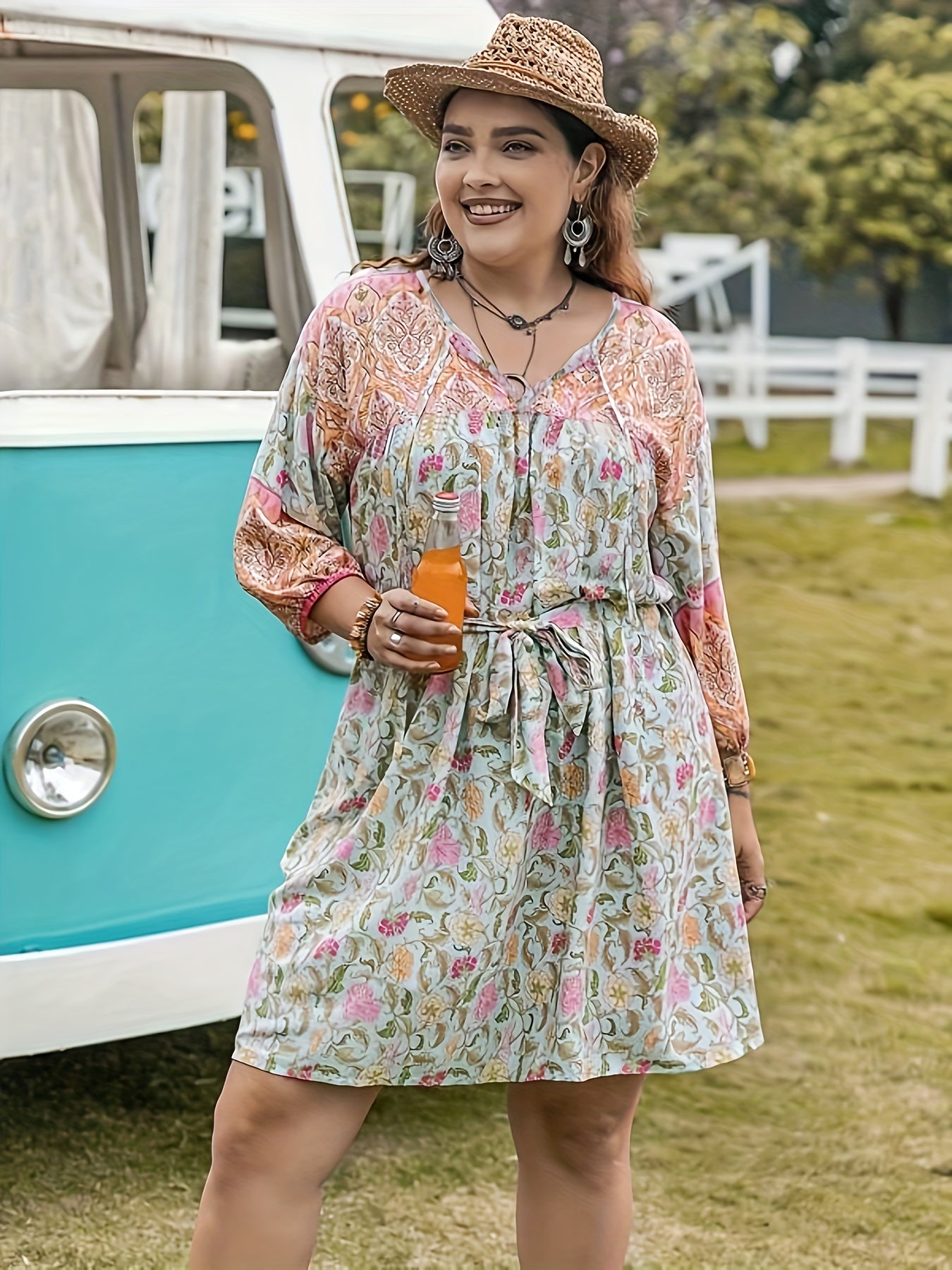Colorblock Floral Print Lantern Sleeve Mini Dress With Belt