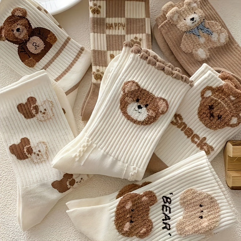 7 Pairs Cartoon Bear Print Socks Women's Stockings & Hosiery